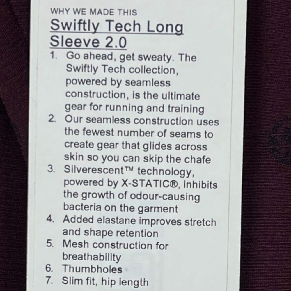 Lululemon Swiftly Tech Long Sleeve Shirt 2.0 Burgundy Wine Color Size 6 - Picture 10 of 10